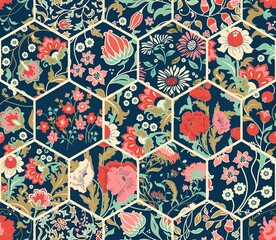 Seamless abstract colorful patchwork pattern from flowers in folk style. Vintage decorative elements. Hand drawn background in retro colors. Vector illustration - obrazy, fototapety, plakaty