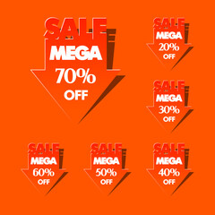 Mega Sale Arrow sticker banner set in pop-art style. The global fall in prices sticky label. Many % OFF. Abstract pointer background. Advertising cursor poster. illustration