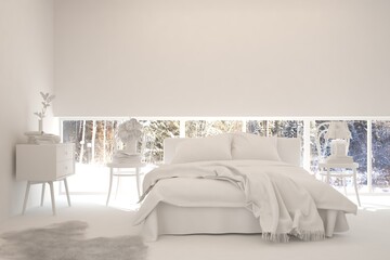 White bedroom with winter landscape in window. Scandinavian interior design. 3D illustration