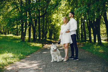 Naklejka na ściany i meble A beautiful and gentle girl with light hair and a white dress is walking in a sunny summer forest with her handsome guy in a white shirt and dark pants and they playing with cute gray dog