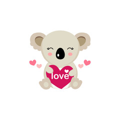 Happy Valentine's Day greeting card with cute koala hold big heart.