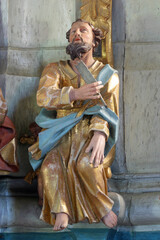 Obraz premium Saint Matthew statue at the pulpit in Church of Our Lady of Jerusalem at Trski Vrh in Krapina, Croatia