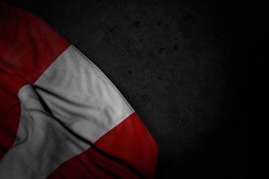 cute anthem day flag 3d illustration. - dark picture of Peru flag with large folds on black stone with empty place for content