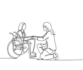One line drawing of young doctor visiting and handshaking the old patient with wheelchair in hospital. Health care service concept. continuous line drawing vector illustration