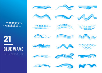 Set of 21 wave, icon vector logo design elements. Simple blue wave icon isolated on white background. Vector Illustration