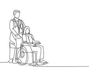 One line drawing of young doctor visiting and handshaking the old patient with wheelchair in hospital. Healthcare concept. Continuous line drawing vector illustration