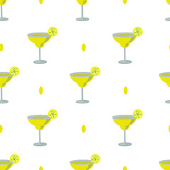An illustration of a seamless pattern with yellow cocktails and lemons.