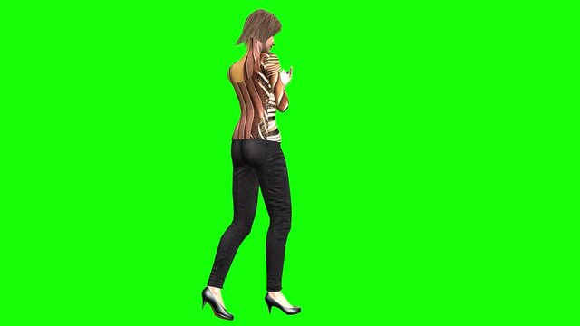 4k animation on a communication theme, a young attractive young woman talks on her mobile phone while standing and then sitting down.