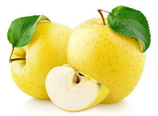 Yellow apple fruit with green leaf and slice isolated on white background. Golden apple with...