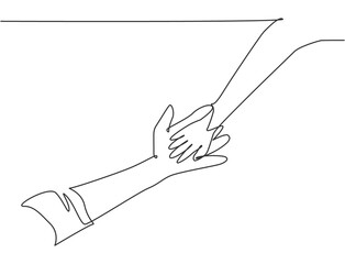 One line drawing of father giving hand to his child. Mother care in continuous line drawing design style. Parental concept vector illustration