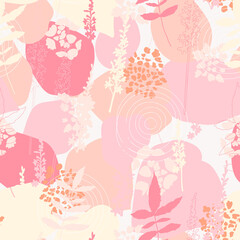 Vector organic seamless abstract background, botanical motif with stylized leaves, flowers and simple geometric shapes. Hand drawn agrimony flowers, hydrangea leaves in pastel colors. Floral pattern