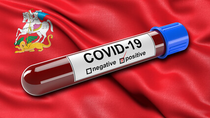 Obraz premium Flag of Moscow Oblast waving in the wind with a positive Covid-19 blood test tube. 3D illustration concept for blood testing for diagnosis of the new Corona virus.