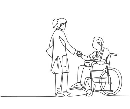 One line drawing of young female doctor visiting and handshaking the patient with wheelchair in hospital. Continuous line drawing design, vector illustration