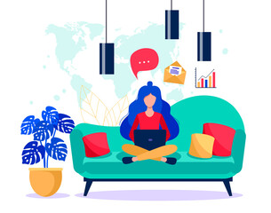 Girl with a laptop sitting on the coach. Freelance concept. Online work vector illustration.
