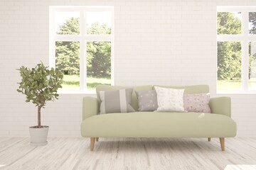 White stylish minimalist room with sofa and summer landscape in window. Scandinavian interior design. 3D illustration