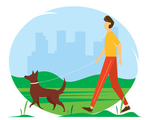 Man walking with the dog in the Park. Cute summer illustration in flat style.