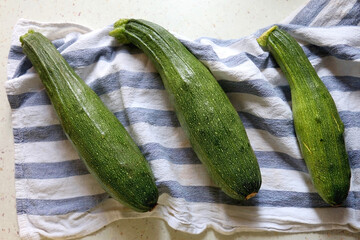 Three homegrown zucchinis on the kitchen counter. Top view.