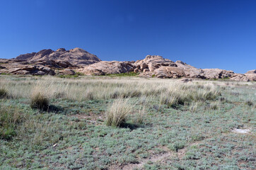 Views of Mount Bektau Ata. Bektau Ata - a mountainous area in the middle of the Kazakhstan steppe, within a radius of about 5-7 km.