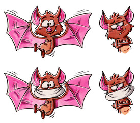 Cute, happy and fun bat, in brown and pink colors, in flight, in version with and without mask, for the covid-19 virus pandemic, and in two positions