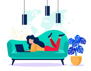 Girl with a laptop laying on the coach. Freelance concept. Online work vector illustration.