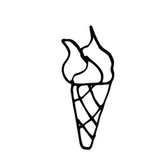 Three balls of delicious ice cream in a waffle cone. Vector drawing in Doodle style. Isolated on a white background. The item is of summer design and decor.