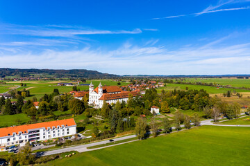 Aerial view of Schlehdorf monastery with parish church St. Tertulin on Kochelsee, Schlehdorf Upper Bavaria, Bavaria, Germany