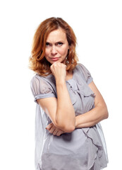 Portrait of beautiful adult woman on white background.