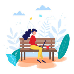 Freelance, online work, work from home, online education, freedom in work concept vector illustration in flat style. Woman sitting on the bech with laptop.