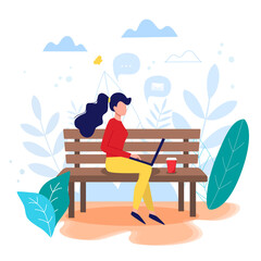 Freelance, online work, work from home, online education, freedom in work concept vector illustration in flat style. Woman sitting on the bech with laptop.