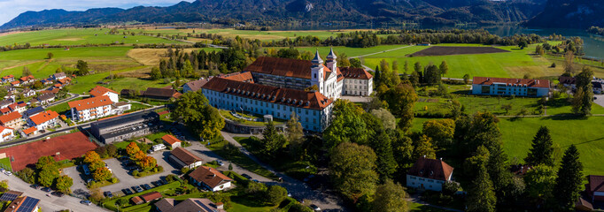 Aerial view of Schlehdorf monastery with parish church St. Tertulin on Kochelsee, Schlehdorf Upper...