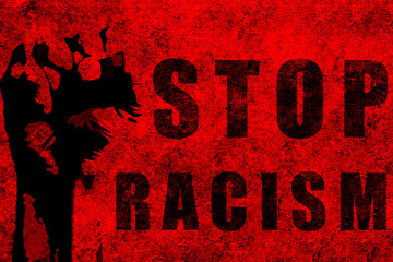 Stop racism. Red fist raised with a powerful anti-racist message.