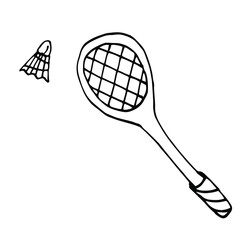 Racquet and shuttlecock for badminton. Vector drawing in Doodle style. Isolated on a white background. Theme of summer design and decor.