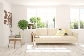 White stylish minimalist room with sofa and summer landscape in window. Scandinavian interior design. 3D illustration