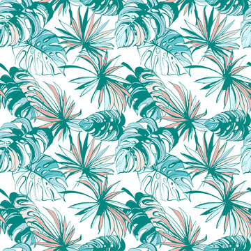 Tropical jungle floral seamless pattern background with palm leaves.