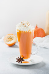 Pumpkin drink on light grey. Autumn, fall or winter hot drink. Cozy healthy beverage.