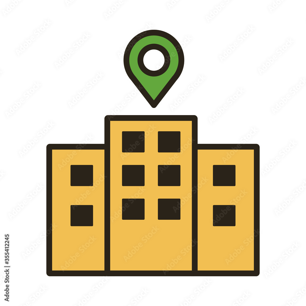 Poster building facade with pin location line duo color style