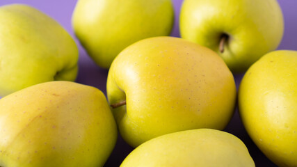 Yellow apples on purple background. Set of green apples. Scattered ripe juicy apples. Healthy snack. Bright colors.