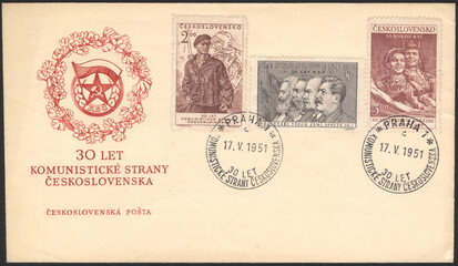 Fototapeta na wymiar Czechoslovakia. First Day Cover. Czechoslovakia historical stamp. Czechoslovakia First Day Cover and Envelope, Stamp.