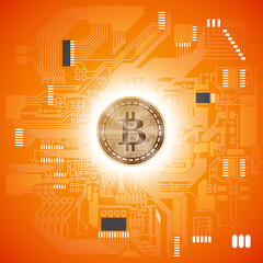 HUD Golden bitcoin. digital currency money. technology microchip mining worldwide network concept. Web banner golden bitcoin on motherboard background with microchip. Physical bit coin. Cryptocurrency