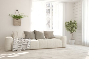 White stylish minimalist room with sofa and winter landscape in window. Scandinavian interior design. 3D illustration