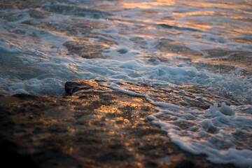 Wave on rock in sunset