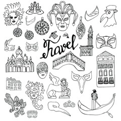 Set of Venetian elements in the Doodle style. Carnival masks, colored houses, gondola, Murano glass.  Freehand vector drawing isolated on white background. Coloring page for children and adults.