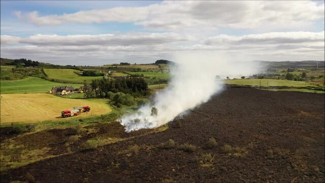 Drone view of gorse fire/wild fire during drought conditions in N. Ireland near Beaghmore