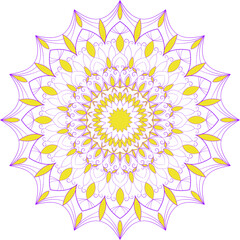 Flickering vector coloring mandala ornamental design. Circle and symmetric with yellow and purple petals