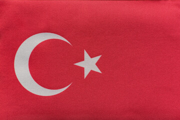 National emblem of Turkey, close up. Flag of Republic of Turkey. Red flag moon and star