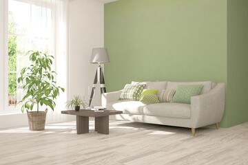Green stylish minimalist room with sofa. Scandinavian interior design. 3D illustration