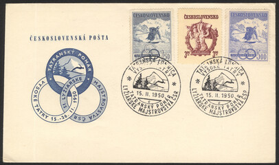 Fototapeta na wymiar Czechoslovakia. First Day Cover. Czechoslovakia historical stamp. Czechoslovakia First Day Cover and Envelope, Stamp.