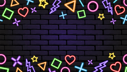 Neon luminous geometric shapes on a brick wall background. Night light, neon sign