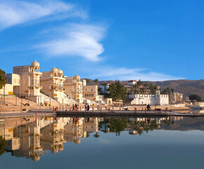 View of Pushkar Sarovar lake and Mahadev ghat in Pushkar, India. It is located in Ajmer district of the Rajasthan state. Pushkar Lake is a sacred lake of the Hindus.