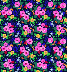 Trendy seamless vector floral pattern. Endless print made of small pink flowers, leaves and berries. Summer and spring motifs. Dark blue background.Vector illustration.